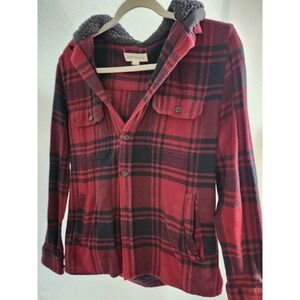 Aeropostale Red Black Plaid Flannel Hooded Shirt Jacket Size S Sherpa Lined